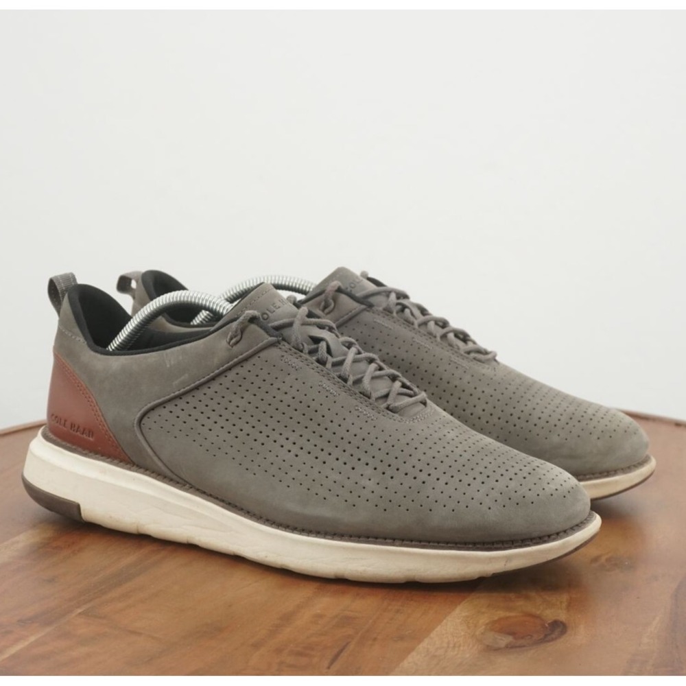 Cole Haan Gray Perforated Leather Oxfords with Brown Heel Accent